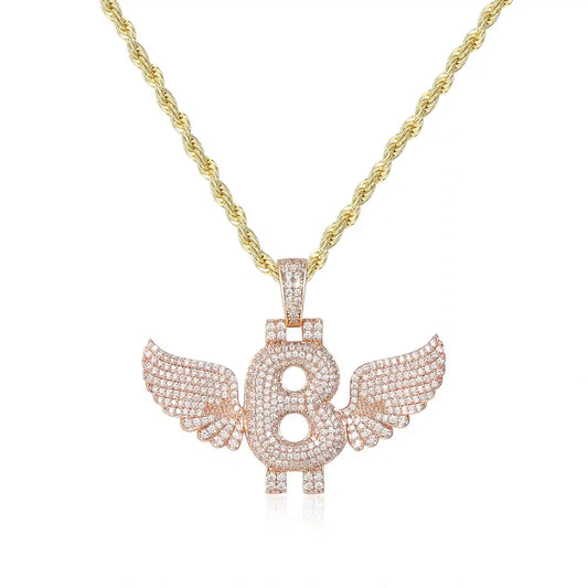 RoundLiving Diamond-Studded Lucky Wings Letter Pendant Necklace