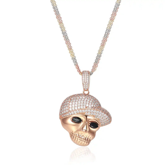 RoundLiving Diamond-Studded Baseball Cap Skull Pendant Necklace.